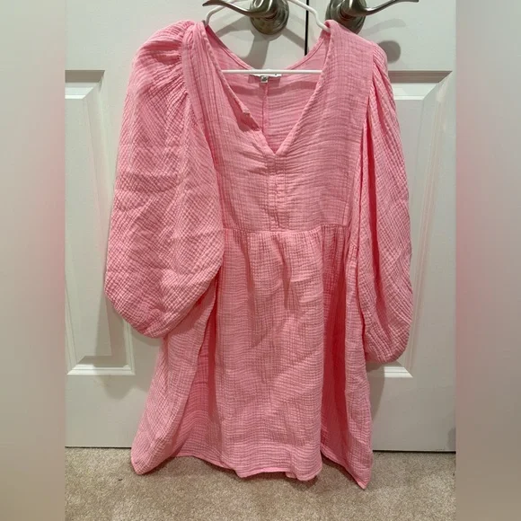 Pink Oversized Gauze Mini Dress with Long Sleeves Size M - Picture 3 of 5